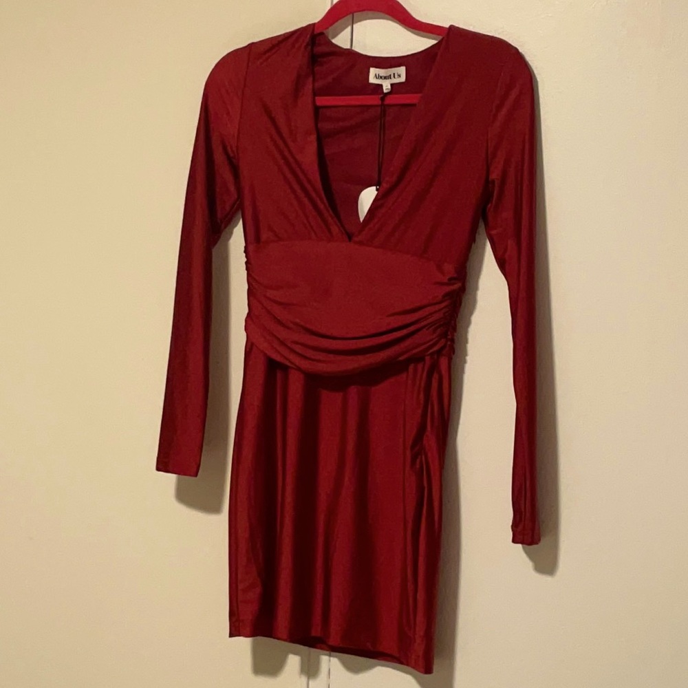 About Us , dark red long sleeved holiday dress!